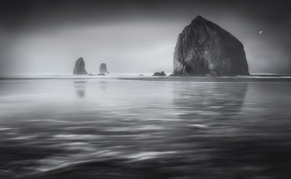 Haystack Rock and the Moon_Minimalist Landscape, Cannon Beach, Oregon - Susanna Patras