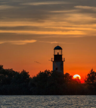 Sulina lighthouse in the Danube Delta stands tall against the silhouette of trees, with its dark structure contrasting with the vibrant hues of the setting sun. The sky is streaked with soft, wispy clouds that add depth and a group of birds flying near the lighthouse, adding a touch of life to the tranquil scene.