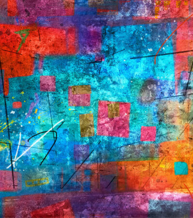 A View From Above reveals an abstract aerial perspective where geometry and color converge in a vibrant interplay. Layers of rectangles and squares overlap with deliberate precision, creating a mosaic that pulses with energy and movement. Bold strokes of red, blue, orange, and purple give the composition a striking vitality, while intersecting black lines weave through the shapes, offering structure and grounding the vivid hues. The textured surface carries a subtle depth, inviting closer observation as the eye traces the complex intersections and shifting planes. Evoking the sense of a city plaza seen from a high vantage point, the work balances abstraction and familiarity, suggesting patterns of human presence and urban rhythm without literal representation. Constructed through multiple exposures, the image embodies both immediacy and layered nuance, inviting viewers to explore a space where surface and shadow, form and light, coexist in dynamic tension.