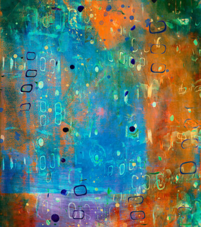Thoughts on a Canvas reveals a dynamic interplay of form and color, where geometric precision meets organic flow in a layered composition.