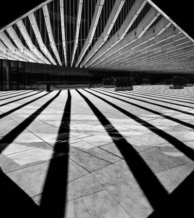 EDP Building is a modern construction made of steel and concrete in contrasty light.
