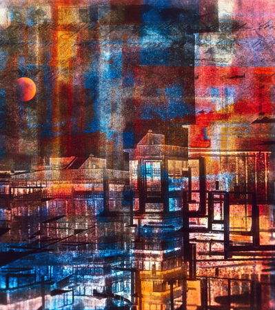 Rooftop Meditation unfolds as a layered visual experience where abstraction meets the urban landscape in a deliberate balance of tension and harmony. Bold geometric forms intersect across a palette dominated by deep blues, fiery reds, and glowing oranges, evoking a charged atmosphere that feels both familiar and otherworldly. Hovering above, a striking red moon commands the upper space, its presence casting a contemplative light over the fragmented cityscape below. Architectural elements emerge subtly through textured layers and reflections, hinting at stories embedded within the surfaces. Created through multiple exposures, the composition invites viewers to explore the interplay of light, texture, and form—capturing moments of quiet reflection amid the pulse of the city. This work navigates the space between stillness and movement, grounding the mystical qualities of the moon with the tangible reality of urban life.