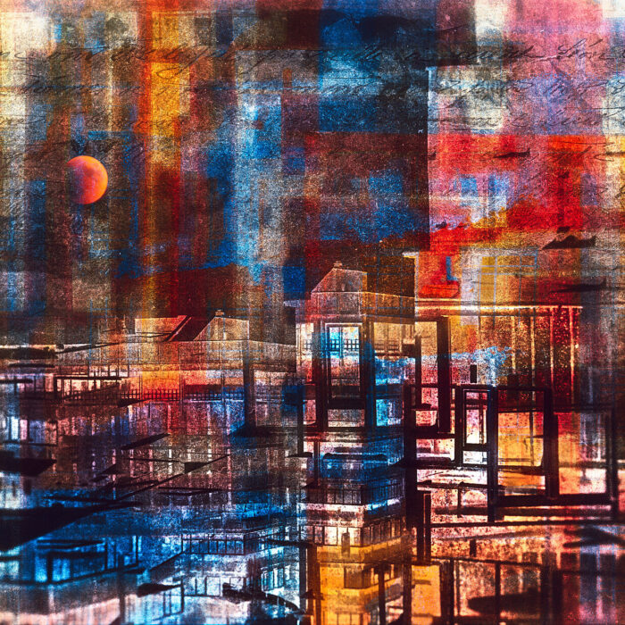 Rooftop Meditation unfolds as a layered visual experience where abstraction meets the urban landscape in a deliberate balance of tension and harmony. Bold geometric forms intersect across a palette dominated by deep blues, fiery reds, and glowing oranges, evoking a charged atmosphere that feels both familiar and otherworldly. Hovering above, a striking red moon commands the upper space, its presence casting a contemplative light over the fragmented cityscape below. Architectural elements emerge subtly through textured layers and reflections, hinting at stories embedded within the surfaces. Created through multiple exposures, the composition invites viewers to explore the interplay of light, texture, and form—capturing moments of quiet reflection amid the pulse of the city. This work navigates the space between stillness and movement, grounding the mystical qualities of the moon with the tangible reality of urban life.