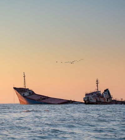 A rusted, decaying shipwreck partially submerged in the calm waters of the Black Sea and a flock of birds gracefully flying in formation against a sky form a simple composition. The peacefulness of the scene is juxtaposed with the once-grand ship now resting in a state of ruin, conveying a poignant sense of time and abandonment.