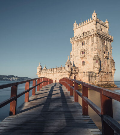 Early morning view of the Belem Tower, a famous historical building situated on Tagus river in Lisbon, Portugal.