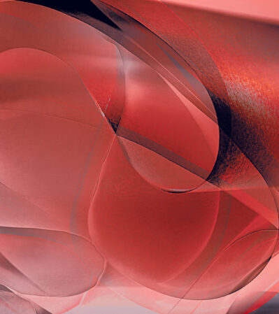 Into the Flow no 6 draws you into an unfolding rhythm of movement and transformation. Curved shapes intertwine and overlap in rich shades of red and black, their edges shifting between clarity and shadow.